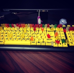 “One of my coworkers covered my keyboard in gummy bears when I was gone for a few days. The dangers of working in a candy factory!”